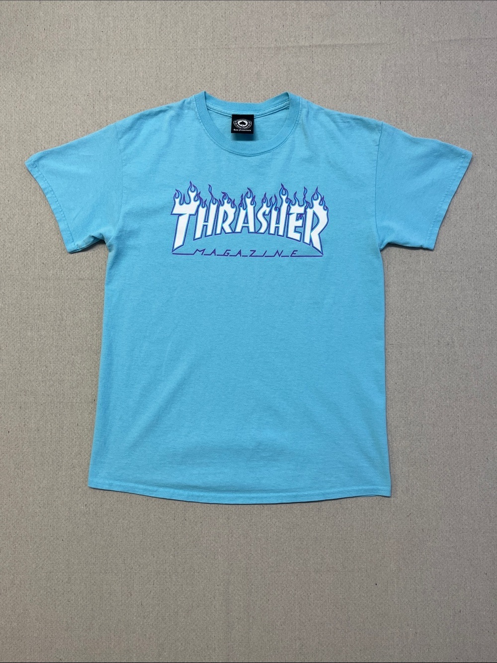 Thrasher Flame Logo Graphic Tee Blue Purple Skate Shirt Medium